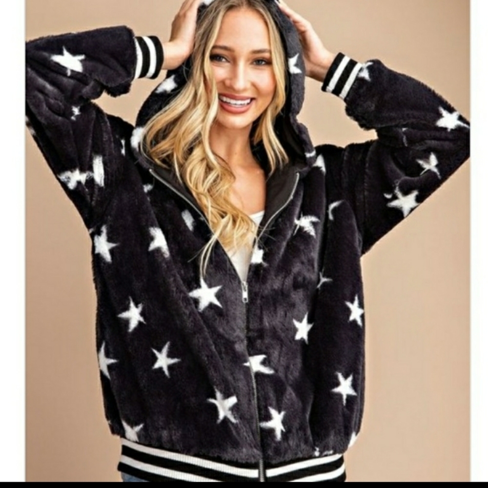 Star Faux Fur Hoodie Jacket - Picture 3 of 7